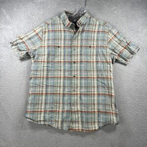 Kuhl Shirt Mens Medium Blue Plaid Skorpio Linen Blend Button‎ Up Short Sleeve